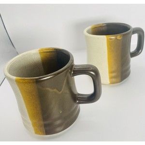 Vintage Stoneware Set of 2 Coffee Mugs Dark Brown yellow Cream Striped Ombre